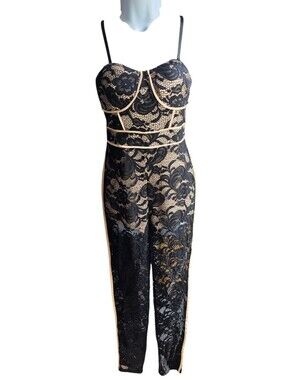 NWT BLITHE LA Black Beige Lace Pants Jumpsuit Size S